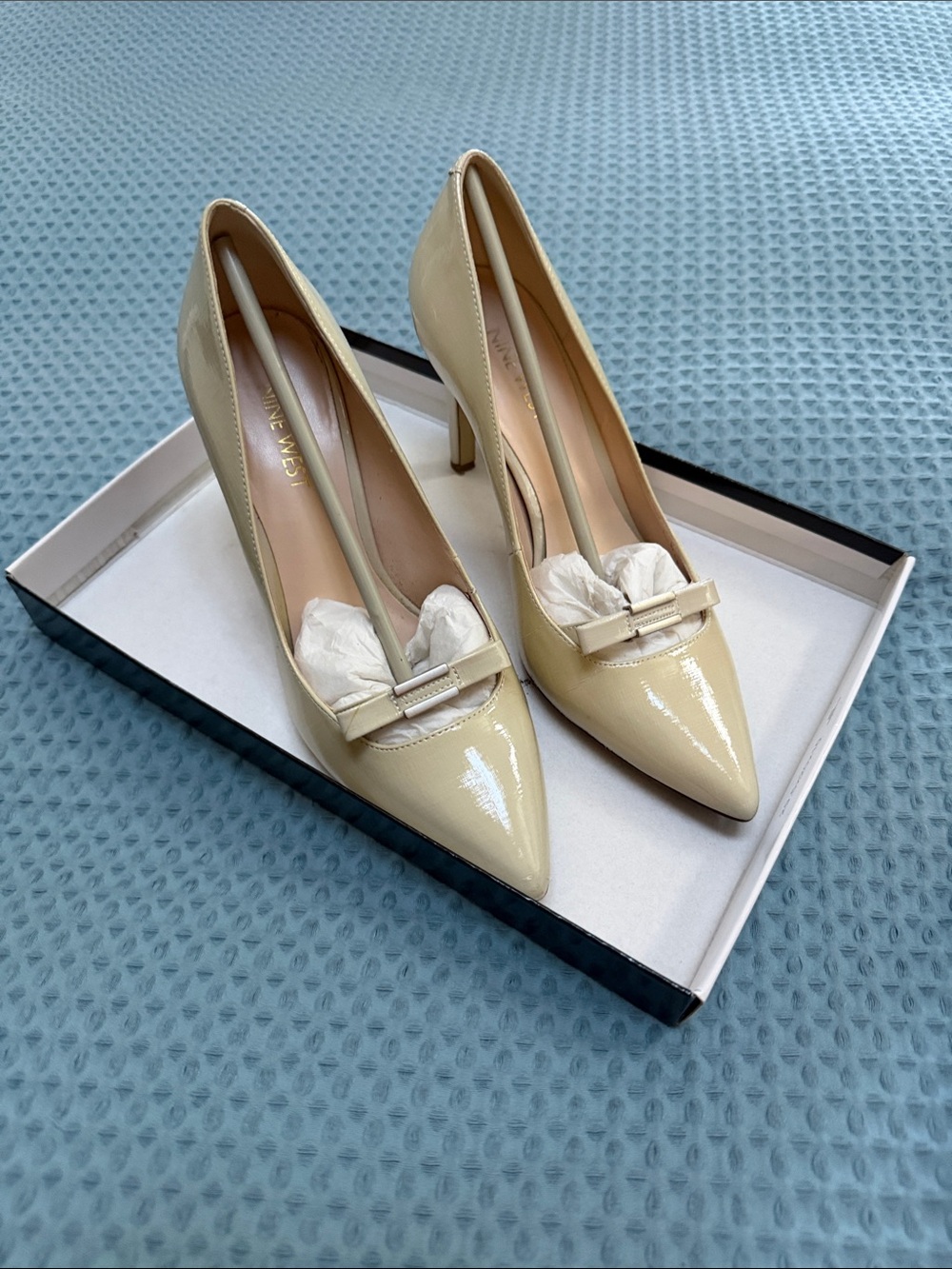 Nine West Patent Pointed-Toe Pumps in Creamy Beige